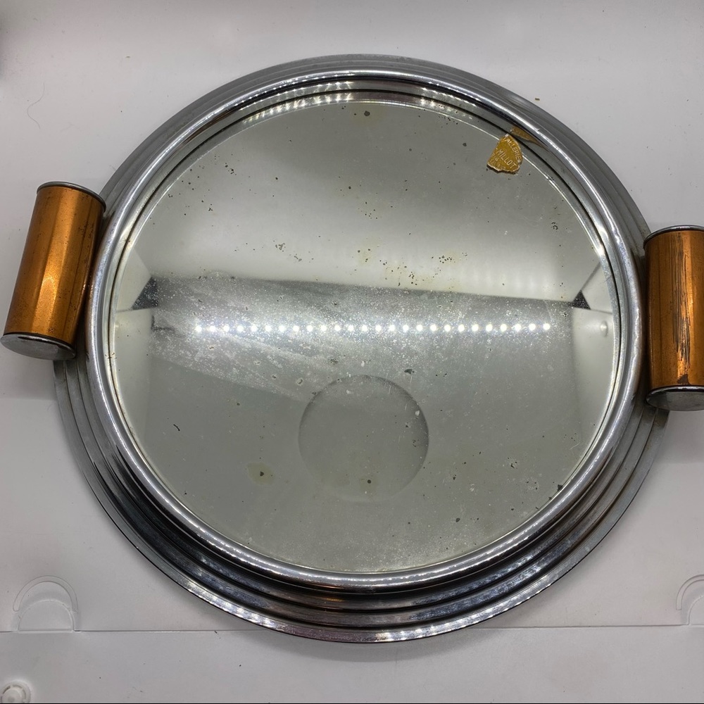 Moser-Millot Art Deco Copper Foil Handle Mirror Bar Vanity Tray